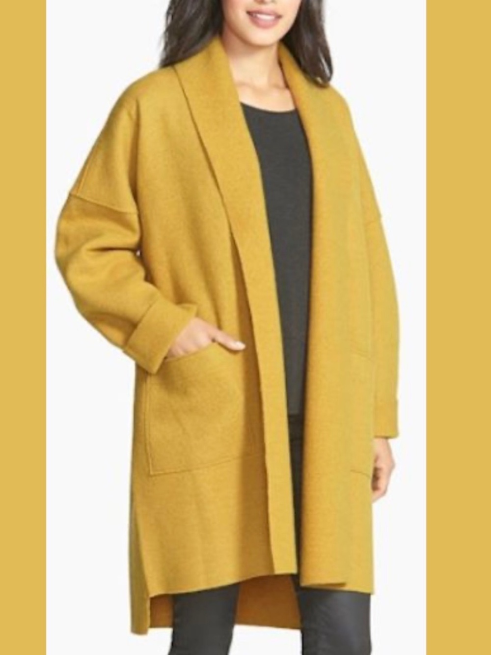Eileen Fisher Shawl Collar Open Front Boiled Wool Jacket Yellow Gold Pockets Med